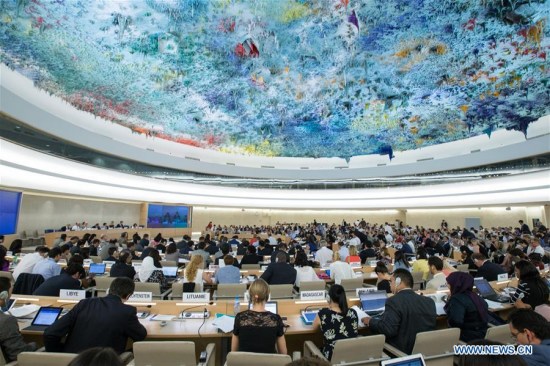 Delegates attend a plenary meeting of the UN Human Rights Council session in Geneva, Switzerland, on June 22, 2017. (Xinhua/Xu Jinquan) Delegates attend a plenary meeting of the UN Human Rights Council session in Geneva, Switzerland, on June 22, 2017. (Xinhua/Xu Jinquan)