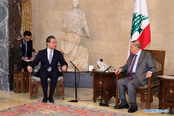 Lebanon's President Michel Aoun (1st R) meets with Chinese Foreign Minister Wang Yi (2nd L) in Beirut, capital of Lebanon, on June 23, 2017. (Xinhua/Zhao Dingzhe) Lebanon's President Michel Aoun (1st R) meets with Chinese Foreign Minister Wang Yi (2nd L) in Beirut, capital of Lebanon, on June 23, 2017. (Xinhua/Zhao Dingzhe)