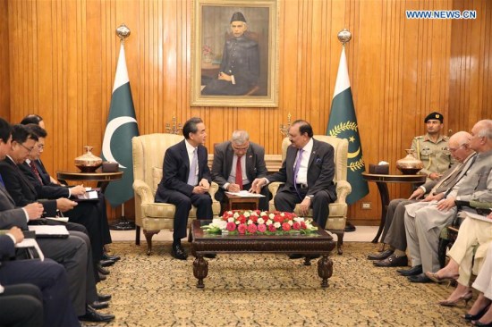 Pakistani President Mamnoon Hussain (center R) meets with visiting Chinese Foreign Minister Wang Yi (center L) in Islamabad, Pakistan, on June 25, 2017. (Xinhua/Liu Tian) Pakistani President Mamnoon Hussain (center R) meets with visiting Chinese Foreign Minister Wang Yi (center L) in Islamabad, Pakistan, on June 25, 2017. (Xinhua/Liu Tian)