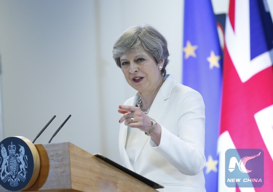 British Prime Minister Theresa May attends a press conference at the end of a two-day EU Summit in Brussels, Belgium, June 23, 2017. (Xinhua/Ye Pingfan) British Prime Minister Theresa May attends a press conference at the end of a two-day EU Summit in Brussels, Belgium, June 23, 2017. (Xinhua/Ye Pingfan)