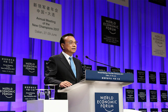 Premier Li Keqiang delivers a keynote speech at 2017 Summer Davos Forum in Dalian, Northeast China's Liaoning province, June 27. (Photo/Xinhua) Premier Li Keqiang delivers a keynote speech at 2017 Summer Davos Forum in Dalian, Northeast China's Liaoning province, June 27. (Photo/Xinhua)