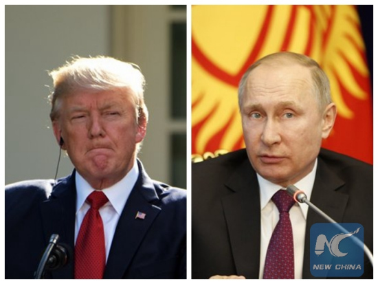 Combo photo shows that U.S. President Donald Trump (L) listens during joint statements in Washington D.C., the United States, June 26, 2017 and Russian President Vladimir Putin (R) addresses a news conference in Bishkek, capital of Kyrgyzstan, on Feb. 28, 2017. (Xinhua Photo) Combo photo shows that U.S. President Donald Trump (L) listens during joint statements in Washington D.C., the United States, June 26, 2017 and Russian President Vladimir Putin (R) addresses a news conference in Bishkek, capital of Kyrgyzstan, on Feb. 28, 2017. (Xinhua Photo)