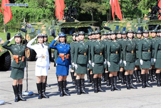 Women soldiers of Chinese People's Liberation Army (PLA) Garrison in the Hong Kong Special Administrative Region (HKSAR) are seen at Shek Kong barracks in Hong Kong, south China, June 30, 2017. (Xinhua/Li Gang) Women soldiers of Chinese People's Liberation Army (PLA) Garrison in the Hong Kong Special Administrative Region (HKSAR) are seen at Shek Kong barracks in Hong Kong, south China, June 30, 2017. (Xinhua/Li Gang)
