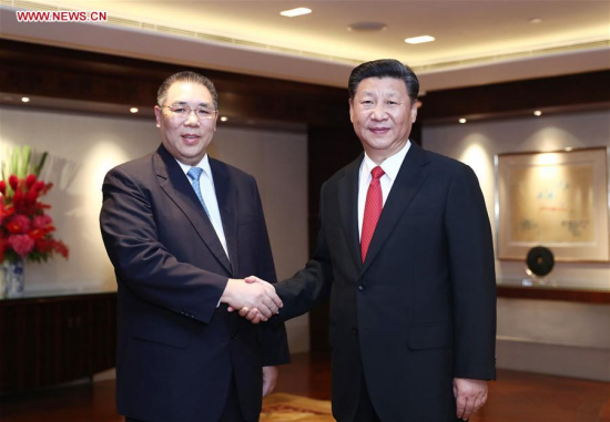 Chinese President Xi Jinping (R) meets with Chui Sai On, chief executive of the Macao Special Administrative Region, who came here to attend celebrations marking the 20th anniversary of Hong Kong's return to China, in Hong Kong, south China, June 30, 2017. (Xinhua/Ju Peng)
