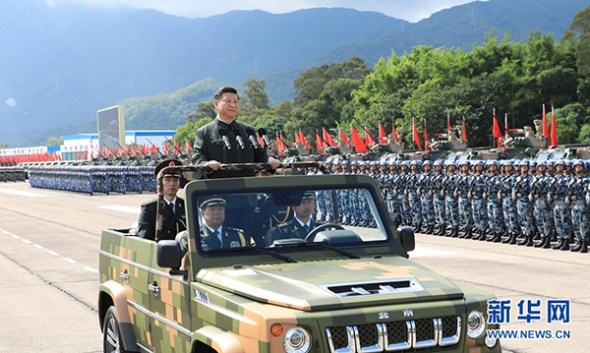 President Xi Jinping inspects the garrison at the PLA's Shek Kong barracks in Hong Kong on Friday, the eve of the 20th anniversary of Hong Kong's return to China. (Photo/Xinhua) President Xi Jinping inspects the garrison at the PLA's Shek Kong barracks in Hong Kong on Friday, the eve of the 20th anniversary of Hong Kong's return to China. (Photo/Xinhua)