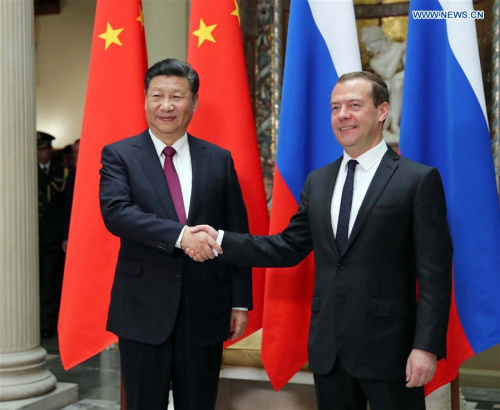 Chinese President Xi Jinping meets with Russian Prime Minister Dmitry Medvedev in Moscow, Russia, July 4, 2017. (Xinhua/Liu Weibing) Chinese President Xi Jinping meets with Russian Prime Minister Dmitry Medvedev in Moscow, Russia, July 4, 2017. (Xinhua/Liu Weibing)