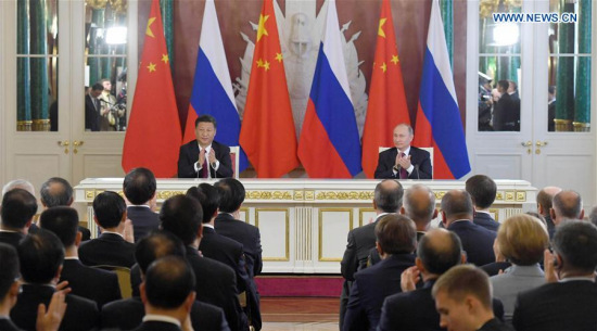 Chinese President Xi Jinping and his Russian counterpart Vladimir Putin meet the press after their talks in Moscow, Russia, July 4, 2017. (Xinhua/Zhang Duo) Chinese President Xi Jinping and his Russian counterpart Vladimir Putin meet the press after their talks in Moscow, Russia, July 4, 2017. (Xinhua/Zhang Duo)