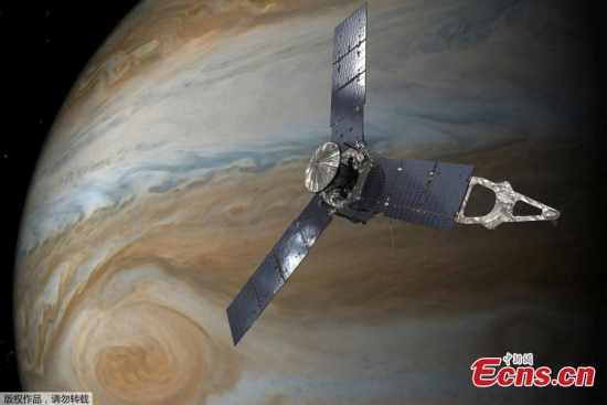 NASA's Juno spacecraft in orbit above Jupiteros Great Red Spot is seen in this undated illustration. NASA’s Juno mission completed a close flyby of Jupiter and its Great Red Spot on July 10, 2017 during its sixth science orbit.(Photo/Agencies) NASA's Juno spacecraft in orbit above Jupiteros Great Red Spot is seen in this undated illustration. NASA’s Juno mission completed a close flyby of Jupiter and its Great Red Spot on July 10, 2017 during its sixth science orbit.(Photo/Agencies)