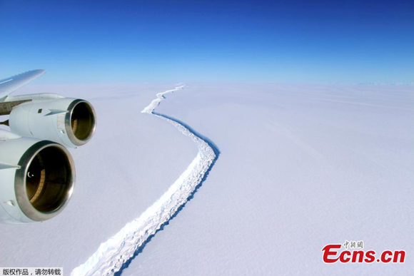 A rift across the Larsen C Ice Shelf that had grown longer and deeper is seen during an airborne surveys of changes in polar ice over the Antarctic Peninsula from NASAs DC-8 research aircraft on November 10, 2016. (File photo/Agencies)