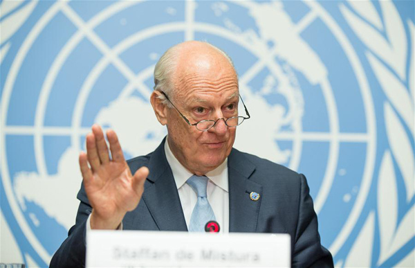 The UN Special Envoy for Syria Staffan de Mistura speaks at a press conference at Palais des Nations in Geneva, Switzerland, on July 14, 2017. The UN Special Envoy for Syria Staffan de Mistura said on Friday night that the latest round of the UN-led peace talks on Syria concluded with incremental progress but without breakthrough. (Xinhua/POOL/Xu Jinquan) The UN Special Envoy for Syria Staffan de Mistura speaks at a press conference at Palais des Nations in Geneva, Switzerland, on July 14, 2017. The UN Special Envoy for Syria Staffan de Mistura said on Friday night that the latest round of the UN-led peace talks on Syria concluded with incremental progress but without breakthrough. (Xinhua/POOL/Xu Jinquan)