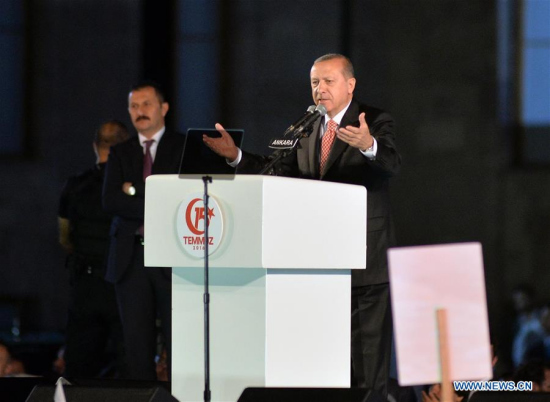 Turkish President Recep Tayyip Erdogan makes a speech during a ceremony marking the first anniversary of the defeat of an attempted coup in Ankara, capital of Turkey, July 16, 2017. (Xinhua/Mustafa Kaya) Turkish President Recep Tayyip Erdogan makes a speech during a ceremony marking the first anniversary of the defeat of an attempted coup in Ankara, capital of Turkey, July 16, 2017. (Xinhua/Mustafa Kaya)