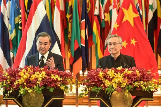 Visiting Chinese Foreign Minister Wang Yi (L) and his Thai counterpart Don Pramudwinai attend a joint press conference in Bangkok, Thailand, on July 24, 2017. (Xinhua/Li Mangmang) Visiting Chinese Foreign Minister Wang Yi (L) and his Thai counterpart Don Pramudwinai attend a joint press conference in Bangkok, Thailand, on July 24, 2017. (Xinhua/Li Mangmang)