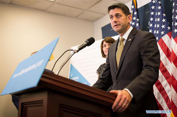 U.S. House Speaker Paul Ryan (Front) speaks at a press conference on Capitol Hill in Washington D.C., the United States, on July 25, 2017. The U.S. House of Representatives on Tuesday overwhelmingly approved a bill that will slap tougher sanctions on Russia, Iran and the Democratic People's Republic of Korea (DPRK). (Xinhua/Ting Shen) U.S. House Speaker Paul Ryan (Front) speaks at a press conference on Capitol Hill in Washington D.C., the United States, on July 25, 2017. The U.S. House of Representatives on Tuesday overwhelmingly approved a bill that will slap tougher sanctions on Russia, Iran and the Democratic People's Republic of Korea (DPRK). (Xinhua/Ting Shen)