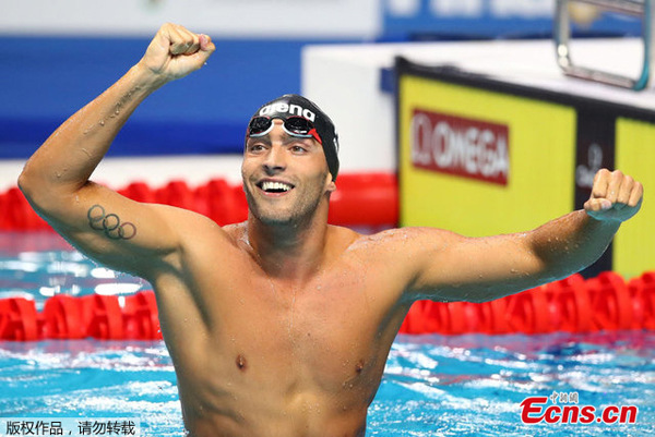 Gabriele Detti of Italy celebrates after winning the men's 800m freestyle final of the 17th FINA World Championships in Budapest, July 26, 2017. (Photo/Agencies) Gabriele Detti of Italy celebrates after winning the men's 800m freestyle final of the 17th FINA World Championships in Budapest, July 26, 2017. (Photo/Agencies)