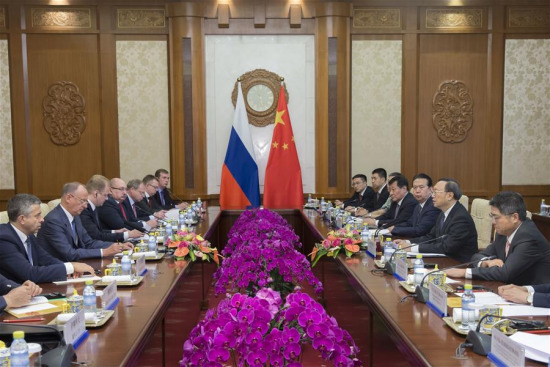 Chinese State Councilor Yang Jiechi and Russian Security Council Secretary Nikolai Patrushev co-chair the 13th round of strategic security consultation between China and Russia in Beijing, capital of China, July 26, 2017. (Xinhua/Cui Xinyu)