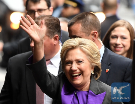 File photo taken on Nov. 9, 2016 shows that U.S. Democratic presidential nominee Hillary Clinton arrives for her first public concession speech after losing the presidential election to the Republican candidate in New York, the United States. (Xinhua/Yin Bogu) File photo taken on Nov. 9, 2016 shows that U.S. Democratic presidential nominee Hillary Clinton arrives for her first public concession speech after losing the presidential election to the Republican candidate in New York, the United States. (Xinhua/Yin Bogu)