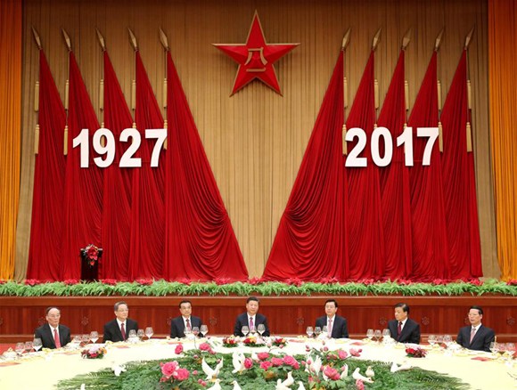 Chinese President Xi Jinping, also general secretary of the Communist Party of China Central Committee and chairman of the Central Military Commission, and other senior leaders Li Keqiang, Zhang Dejiang, Yu Zhengsheng, Liu Yunshan, Wang Qishan and Zhang Gaoli attend a reception hosted by the Ministry of National Defense to celebrate the 90th founding anniversary of the People's Liberation Army (PLA), in Beijing, capital of China, July 31, 2017. (Xinhua/Ju Peng) Chinese President Xi Jinping, also general secretary of the Communist Party of China Central Committee and chairman of the Central Military Commission, and other senior leaders Li Keqiang, Zhang Dejiang, Yu Zhengsheng, Liu Yunshan, Wang Qishan and Zhang Gaoli attend a reception hosted by the Ministry of National Defense to celebrate the 90th founding anniversary of the People's Liberation Army (PLA), in Beijing, capital of China, July 31, 2017. (Xinhua/Ju Peng)