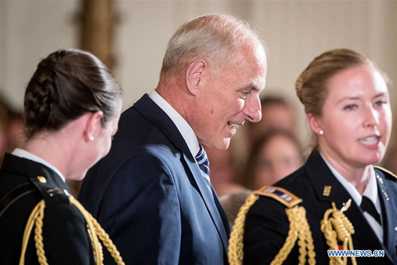 White House Chief of Staff John Kelly (C) is pictured during a ceremony at the White House in Washington D.C., United States, on July 31, 2017. John Kelly, former secretary of homeland security, was sworn in as U.S. President Donald Trump's new White House Chief of Staff. (Xinhua/Ting Shen) White House Chief of Staff John Kelly (C) is pictured during a ceremony at the White House in Washington D.C., United States, on July 31, 2017. John Kelly, former secretary of homeland security, was sworn in as U.S. President Donald Trump's new White House Chief of Staff. (Xinhua/Ting Shen)