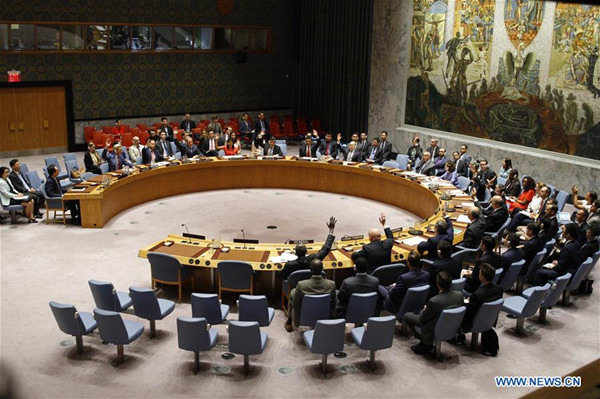 Photo taken on Aug. 5, 2017 shows the United Nations Security Council voting on a resolution on the Democratic People's Republic of Korea (DPRK) at the UN headquarters in New York. UN Security Council adopted resolution on Saturday in response to DPRK's two intercontinental ballistic missile (ICBM) tests in July. (Xinhua/Li Muzi) Photo taken on Aug. 5, 2017 shows the United Nations Security Council voting on a resolution on the Democratic People's Republic of Korea (DPRK) at the UN headquarters in New York. UN Security Council adopted resolution on Saturday in response to DPRK's two intercontinental ballistic missile (ICBM) tests in July. (Xinhua/Li Muzi)