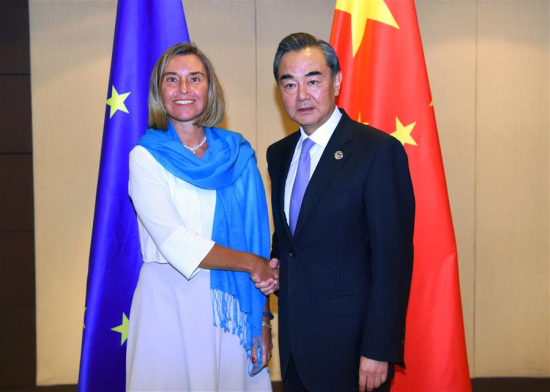 Chinese Foreign Minister Wang Yi (R) meets with European Union foreign policy chief Federica Mogherini on the sidelines of a series of ASEAN foreign ministers' meeting in Manila, the Philippines, Aug. 7, 2017. (Xinhua/Wang Shen) Chinese Foreign Minister Wang Yi (R) meets with European Union foreign policy chief Federica Mogherini on the sidelines of a series of ASEAN foreign ministers' meeting in Manila, the Philippines, Aug. 7, 2017. (Xinhua/Wang Shen)