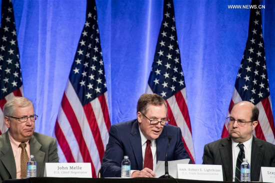U.S. Trade Representative Robert Lighthizer (C) attends the first round of renegotiations on the North American Free Trade Agreement (NAFTA) in Washington D.C., the United States, on Aug. 16, 2017.(Xinhua/Ting Shen) U.S. Trade Representative Robert Lighthizer (C) attends the first round of renegotiations on the North American Free Trade Agreement (NAFTA) in Washington D.C., the United States, on Aug. 16, 2017.(Xinhua/Ting Shen)