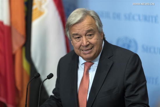 United Nations Secretary-General Antonio Guterres speaks to the press during a media encounter at the UN headquarters in New York, Aug. 16, 2017. (Xinhua/Li Muzi) United Nations Secretary-General Antonio Guterres speaks to the press during a media encounter at the UN headquarters in New York, Aug. 16, 2017. (Xinhua/Li Muzi)
