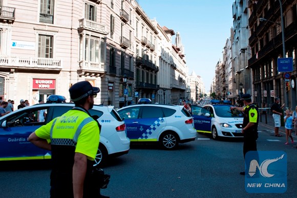 Police are seen in Barcelona city center around Las Ramblas following a terrorist attack. (Photo: Xinhua/Pau Barrena) Police are seen in Barcelona city center around Las Ramblas following a terrorist attack. (Photo: Xinhua/Pau Barrena)