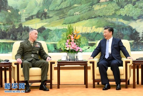 Chinese President Xi Jinping speaks to U.S. Chairman of the Joint Chiefs of Staff Joseph Dunford during a meeting at the Great Hall of the People in Beijing, China, August 17, 2017. (Photo/Xinhua) Chinese President Xi Jinping speaks to U.S. Chairman of the Joint Chiefs of Staff Joseph Dunford during a meeting at the Great Hall of the People in Beijing, China, August 17, 2017. (Photo/Xinhua)