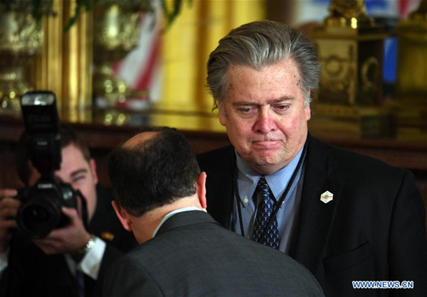 File photo taken on Feb. 15, 2017 shows White House Chief Strategist Stephen Bannon (1st R) at the White House in Washington D.C., the United States. Multiple U.S. media reported on Aug. 18 that U.S. President Donald Trump has decided to fire White House Chief Strategist Stephen Bannon, in a major White House shakeup. (Xinhua/Yin Bogu) File photo taken on Feb. 15, 2017 shows White House Chief Strategist Stephen Bannon (1st R) at the White House in Washington D.C., the United States. Multiple U.S. media reported on Aug. 18 that U.S. President Donald Trump has decided to fire White House Chief Strategist Stephen Bannon, in a major White House shakeup. (Xinhua/Yin Bogu)