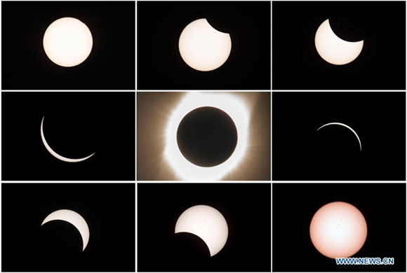 Combo photo taken on Aug. 21, 2017 shows the process of a total solar eclipse (C) from the beginning (L, Top) to the end (R, Bottom) seen from Salem, Oregon, the United States. A once-in-a-century total solar eclipse is spanning the continental United States on Monday, creating a 70-mile-wide (112 kilometers) path of totality stretching from Oregon in the Pacific Northwest to South Carolina on the Southeast Coast. (Xinhua/Yin Bogu) Combo photo taken on Aug. 21, 2017 shows the process of a total solar eclipse (C) from the beginning (L, Top) to the end (R, Bottom) seen from Salem, Oregon, the United States. A once-in-a-century total solar eclipse is spanning the continental United States on Monday, creating a 70-mile-wide (112 kilometers) path of totality stretching from Oregon in the Pacific Northwest to South Carolina on the Southeast Coast. (Xinhua/Yin Bogu)