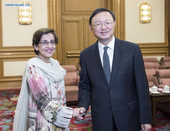Chinese State Councilor Yang Jiechi (R) meets with Pakistani Foreign Secretary Tehmina Janjua in Beijing, capital of China, Aug. 21, 2017.(Xinhua/Li Tao) Chinese State Councilor Yang Jiechi (R) meets with Pakistani Foreign Secretary Tehmina Janjua in Beijing, capital of China, Aug. 21, 2017.(Xinhua/Li Tao)