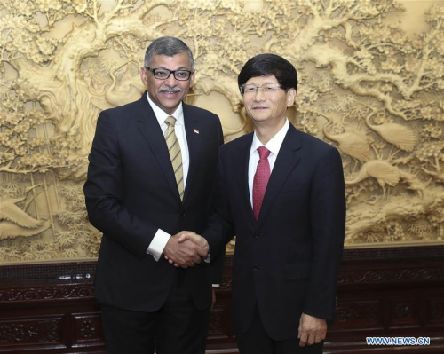 Meng Jianzhu, head of the Commission for Political and Legal Affairs of the Communist Party of China (CPC) Central Committee, meets with Singapore's Chief Justice Sundaresh Menon, in Beijing, capital of China, Aug. 22, 2017. (Xinhua/Pang Xinglei) Meng Jianzhu, head of the Commission for Political and Legal Affairs of the Communist Party of China (CPC) Central Committee, meets with Singapore's Chief Justice Sundaresh Menon, in Beijing, capital of China, Aug. 22, 2017. (Xinhua/Pang Xinglei)