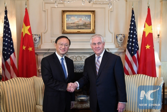 Chinese State Councilor Yang Jiechi (L) shakes hands with U.S. Secretary of State Rex Tillerson during their meeting in Washington D.C., the United States, on Feb. 28, 2017. (Xinhua/Yin Bogu)(File photo) Chinese State Councilor Yang Jiechi (L) shakes hands with U.S. Secretary of State Rex Tillerson during their meeting in Washington D.C., the United States, on Feb. 28, 2017. (Xinhua/Yin Bogu)(File photo)
