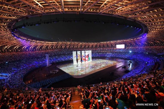 Photo taken on Aug. 27, 2017 shows the performance during the opening ceremony of the 13th Chinese National Games in north China's Tianjin Municipality. (Xinhua/Zhao Ge) Photo taken on Aug. 27, 2017 shows the performance during the opening ceremony of the 13th Chinese National Games in north China's Tianjin Municipality. (Xinhua/Zhao Ge)