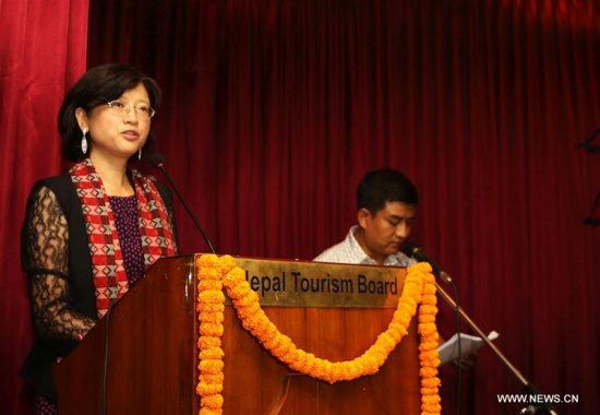 Chinese ambassador to Nepal Yu Hong (L) speaks at the Inauguration ceremony of Nepal Chinese Guide Association (NECGA) in Kathmandu, Nepal, Aug. 31, 2017. (Xinhua/Sunil Sharma) Chinese ambassador to Nepal Yu Hong (L) speaks at the Inauguration ceremony of Nepal Chinese Guide Association (NECGA) in Kathmandu, Nepal, Aug. 31, 2017. (Xinhua/Sunil Sharma)