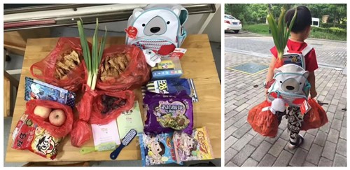 Items in schoolbag of Youyou and Youyou on the road to school. /Weibo Photo Items in schoolbag of Youyou and Youyou on the road to school. /Weibo Photo