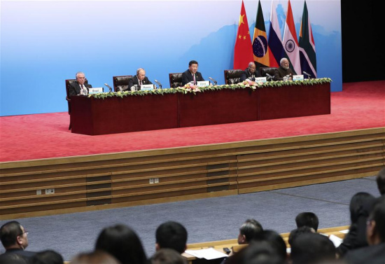 Chinese President Xi Jinping speaks during talks between the BRICS Business Council and BRICS leaders, in Xiamen, southeast China's Fujian Province, Sept. 4, 2017. (Xinhua/Ding Lin) Chinese President Xi Jinping speaks during talks between the BRICS Business Council and BRICS leaders, in Xiamen, southeast China's Fujian Province, Sept. 4, 2017. (Xinhua/Ding Lin)