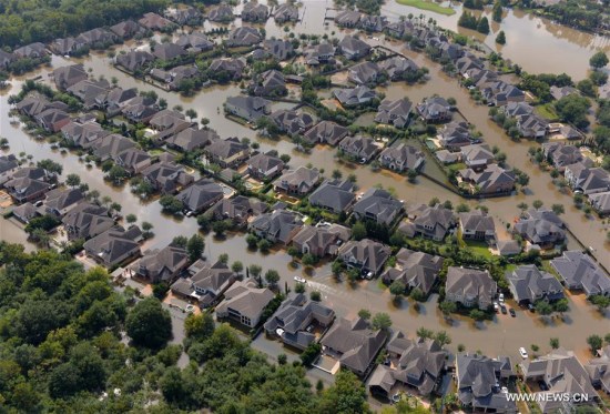 Aerial photo taken on Sept. 1, 2017 shows flooded houses after Hurricane Harvey attacked Houston, Texas, the United States. (Xinhua/Yin Bogu) Aerial photo taken on Sept. 1, 2017 shows flooded houses after Hurricane Harvey attacked Houston, Texas, the United States. (Xinhua/Yin Bogu)