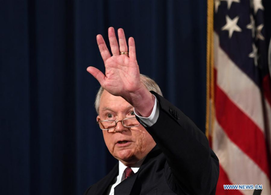 U.S. Attorney General Jeff Sessions leaves after a press conference in Washington D.C., the United States, on Sept. 5, 2017. (Xinhua/Yin Bogu) U.S. Attorney General Jeff Sessions leaves after a press conference in Washington D.C., the United States, on Sept. 5, 2017. (Xinhua/Yin Bogu)
