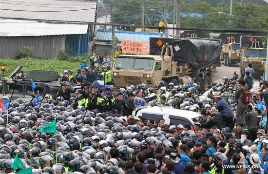 Elements of the U.S. Terminal High Altitude Area Defense (THAAD) missile interception system arrive in Seongju, South Korea, on Sept. 7, 2017.(Xinhua/Yao Qilin) Elements of the U.S. Terminal High Altitude Area Defense (THAAD) missile interception system arrive in Seongju, South Korea, on Sept. 7, 2017.(Xinhua/Yao Qilin)