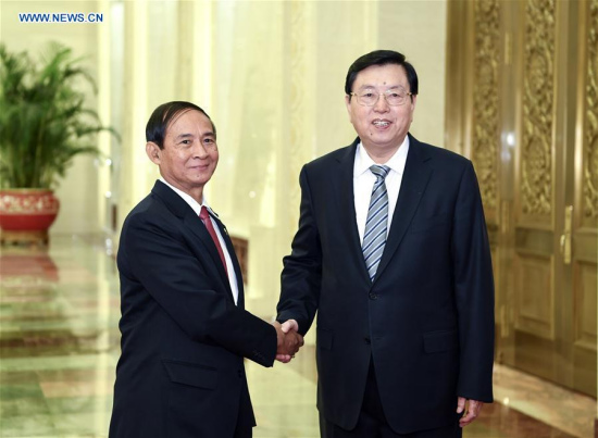 Zhang Dejiang (R), chairman of the Standing Committee of the National People's Congress (NPC), holds talks with Myanmar's Speaker of the House of Representatives (Lower House) U Win Myint in Beijing, capital of China, Sept. 7, 2017. (Xinhua/Zhang Ling) Zhang Dejiang (R), chairman of the Standing Committee of the National People's Congress (NPC), holds talks with Myanmar's Speaker of the House of Representatives (Lower House) U Win Myint in Beijing, capital of China, Sept. 7, 2017. (Xinhua/Zhang Ling)
