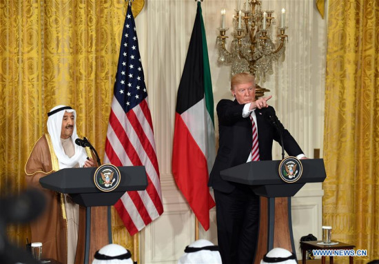 U.S. President Donald Trump (R) attends a joint press conference with visiting Kuwaiti Amir Sheikh Sabah Al-Ahmed Al-Jaber Al-Sabah at the White House in Washington D.C., the United States, on Sept. 7, 2017. (Xinhua/Yin Bogu) U.S. President Donald Trump (R) attends a joint press conference with visiting Kuwaiti Amir Sheikh Sabah Al-Ahmed Al-Jaber Al-Sabah at the White House in Washington D.C., the United States, on Sept. 7, 2017. (Xinhua/Yin Bogu)