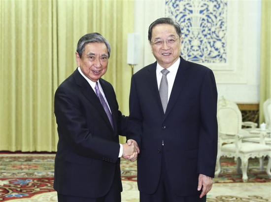 Yu Zhengsheng (R), chairman of the National Committee of the Chinese People's Political Consultative Conference, shakes hands with Yohei Kono, former speaker of the Japanese House of Representatives and current president of the Japanese Association for the Promotion of International Trade, in Beijing, capital of China, Sept. 8, 2017. (Xinhua/Xie Huanchi) Yu Zhengsheng (R), chairman of the National Committee of the Chinese People's Political Consultative Conference, shakes hands with Yohei Kono, former speaker of the Japanese House of Representatives and current president of the Japanese Association for the Promotion of International Trade, in Beijing, capital of China, Sept. 8, 2017. (Xinhua/Xie Huanchi)