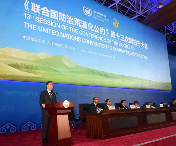 The 13th session of the Conference of the Parties (COP13) to the United Nations Convention to Combat Desertification (UNCCD) opens in Ordos city in North China's Inner Mongolia autonomous region on Sept 11, 2017. (Photo/Xinhua) The 13th session of the Conference of the Parties (COP13) to the United Nations Convention to Combat Desertification (UNCCD) opens in Ordos city in North China's Inner Mongolia autonomous region on Sept 11, 2017. (Photo/Xinhua)