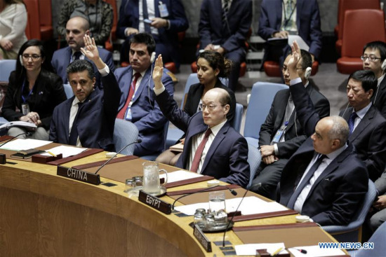 Liu Jieyi (C, Front), China's permanent representative to the United Nations, votes in favor of a Security Council resolution to impose fresh sanctions on the Democratic People's Republic of Korea (DPRK) over its latest nuclear test, at the UN headquarters in New York, on Sept. 11, 2017. (Xinhua/Li Muzi) Liu Jieyi (C, Front), China's permanent representative to the United Nations, votes in favor of a Security Council resolution to impose fresh sanctions on the Democratic People's Republic of Korea (DPRK) over its latest nuclear test, at the UN headquarters in New York, on Sept. 11, 2017. (Xinhua/Li Muzi)