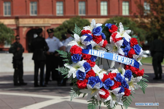 Law enforcement officers gather at the National Law Enforcement Officers Memorial to mark the 16th anniversary of the Sept. 11, 2001 terror attacks in Washington D.C., the United States, on Sept. 11, 2017. (Xinhua/Yang Chenglin) Law enforcement officers gather at the National Law Enforcement Officers Memorial to mark the 16th anniversary of the Sept. 11, 2001 terror attacks in Washington D.C., the United States, on Sept. 11, 2017. (Xinhua/Yang Chenglin)