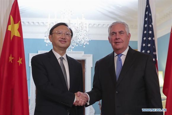 Chinese State Councilor Yang Jiechi (L) meets with U.S. Secretary of State Rex Tillerson during his stopover in Washington, the United States, Sept. 12, 2017. (Xinhua/Wang Ying) Chinese State Councilor Yang Jiechi (L) meets with U.S. Secretary of State Rex Tillerson during his stopover in Washington, the United States, Sept. 12, 2017. (Xinhua/Wang Ying)