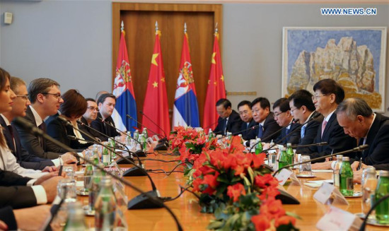 Serbian President Aleksandar Vucic (3rd L) meets with Chinese President Xi Jinping's special envoy Meng Jianzhu (2nd R), who is also member of the Political Bureau of the Communist Party of China (CPC) Central Committee and head of the Commission for Political and Legal Affairs of the CPC Central Committee, in Belgrade, Serbia, Sept. 12, 2017. (Xinhua/Wang Huijuan) Serbian President Aleksandar Vucic (3rd L) meets with Chinese President Xi Jinping's special envoy Meng Jianzhu (2nd R), who is also member of the Political Bureau of the Communist Party of China (CPC) Central Committee and head of the Commission for Political and Legal Affairs of the CPC Central Committee, in Belgrade, Serbia, Sept. 12, 2017. (Xinhua/Wang Huijuan)
