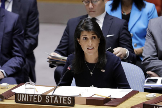 U.S. ambassador to the United Nations Nikki Haley (Front) addresses a United Nations Security Council emergency meeting on the Democratic People's Republic of Korea (DPRK)'s nuclear test at the UN headquarters in New York, on Sept. 4, 2017. (Xinhua/Li Muzi) U.S. ambassador to the United Nations Nikki Haley (Front) addresses a United Nations Security Council emergency meeting on the Democratic People's Republic of Korea (DPRK)'s nuclear test at the UN headquarters in New York, on Sept. 4, 2017. (Xinhua/Li Muzi)
