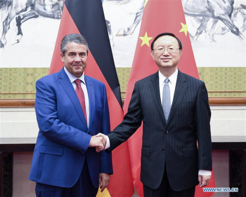 Chinese State Councilor Yang Jiechi (R) meets with German Vice Chancellor and Foreign Minister Sigmar Gabriel in Beijing, capital of China, Sept. 17, 2017. (Xinhua/Zhang Ling) Chinese State Councilor Yang Jiechi (R) meets with German Vice Chancellor and Foreign Minister Sigmar Gabriel in Beijing, capital of China, Sept. 17, 2017. (Xinhua/Zhang Ling)